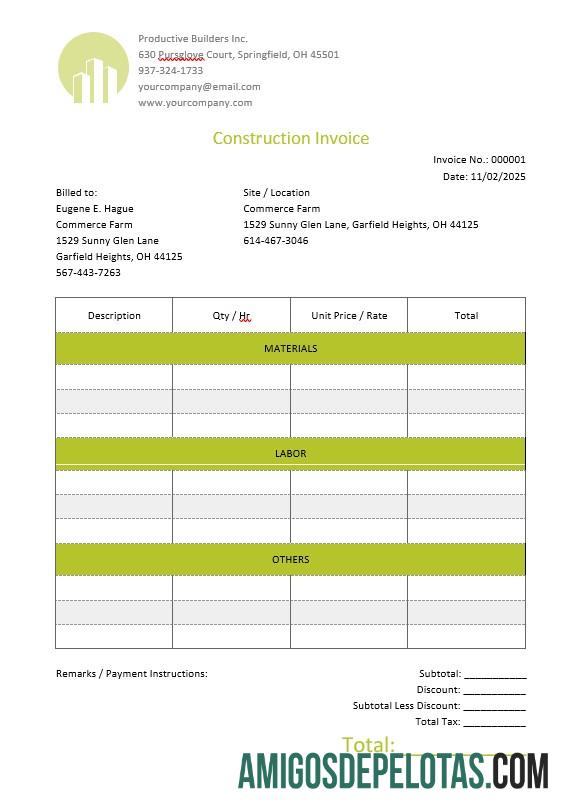 em branco Modelo de fatura de construção em branco